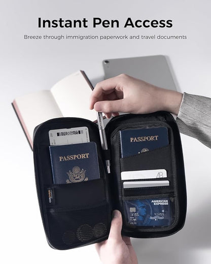 pack all Travel Passport Holder with RFID Blocker, Water-Resistant Passport Wallet with Wrist Strap, Multiple Family Airplane Document Organizer for Cards, Boarding Pass, ID, Cash, Tickets