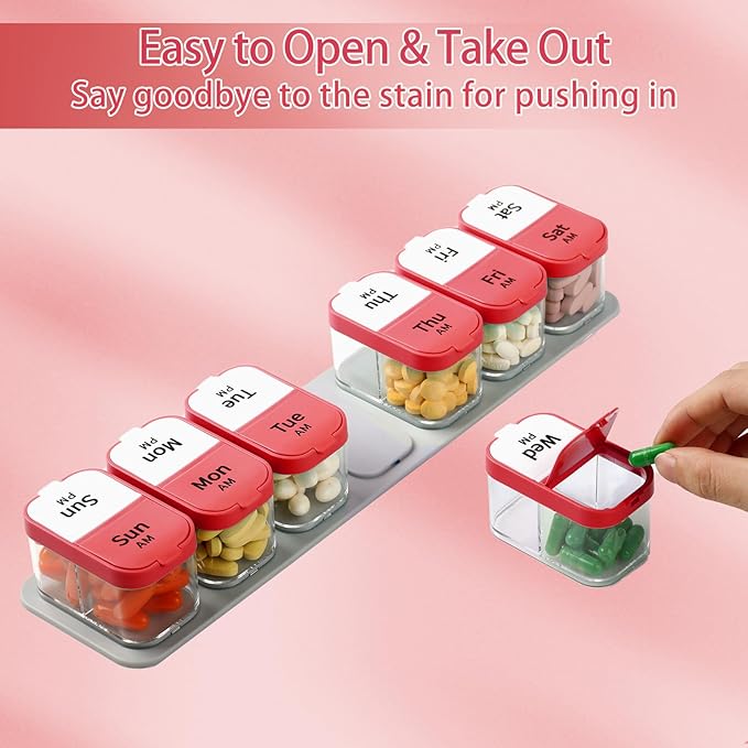 Daviky Extra Large Pill Organizer 2 Times a Day, Am Pm Pill Organizer 7 Day, Pill Box 7 Day to Hold Daily Medicine Vitamin and Supplements for Elders, Arthrtic Patients and Kids (Red)