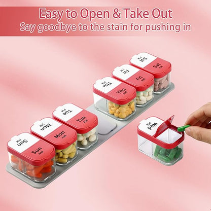 Daviky Extra Large Pill Organizer 2 Times a Day, Am Pm Pill Organizer 7 Day, Pill Box 7 Day to Hold Daily Medicine Vitamin and Supplements for Elders, Arthrtic Patients and Kids (Red)