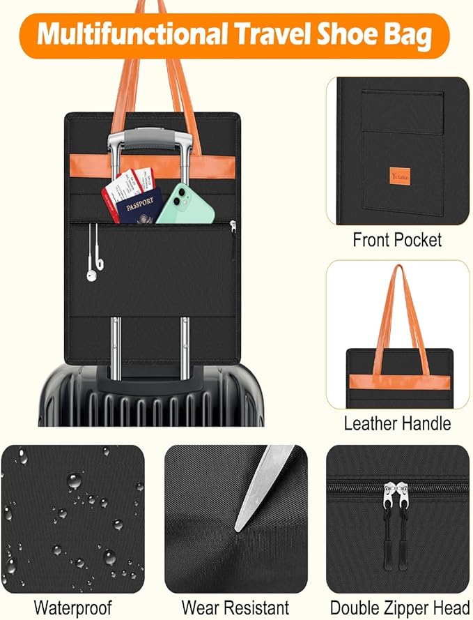 Yotako Shoe Bag for Travel with Leathers Handle,Portable Shoe Organizer with Pockets,3 in 1 Hanging Luggage Shoe Storage Bag,Travel Shoe Bag for Women Men Fit 6 PCS Shoes,Black