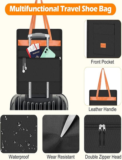 Yotako Shoe Bag for Travel with Leathers Handle,Portable Shoe Organizer with Pockets,3 in 1 Hanging Luggage Shoe Storage Bag,Travel Shoe Bag for Women Men Fit 6 PCS Shoes,Black
