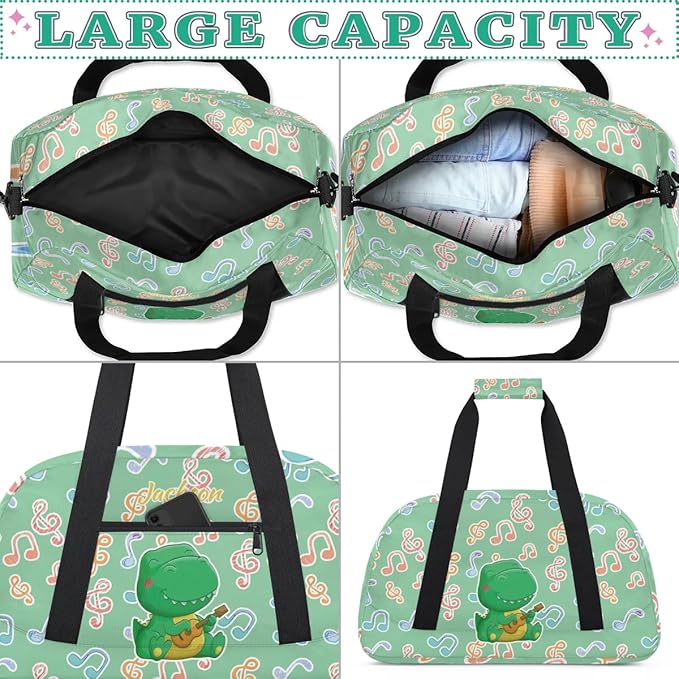 Personalized Duffel Bag for Kids Girls Boys, Dinosaur Guitar Custom Name Gym Bag Overnight with Padded Handles Carry On Weekend Sports Travel Bag for School Practice Gymnastics Ballet