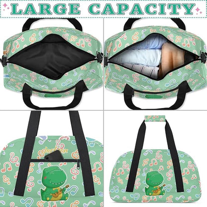 Personalized Duffel Bag for Kids Girls Boys, Dinosaur Guitar Custom Name Gym Bag Overnight with Padded Handles Carry On Weekend Sports Travel Bag for School Practice Gymnastics Ballet