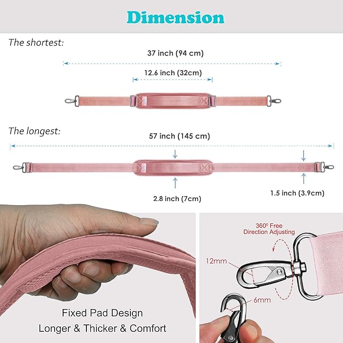 Shoulder Strap, ZINZ 57" Padded Adjustable Shoulder Bag Straps Replacement for Bags with D-Ring (P02K01)