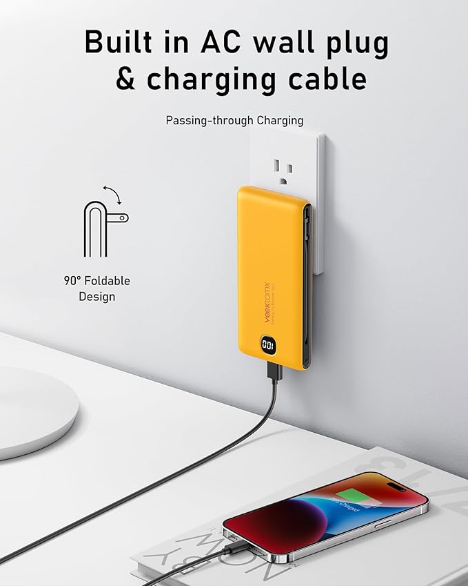VEEKTOMX Portable Charger with Built in Cables 10000mAh, Power Bank for iPhone with Wall Plug, Travel Essential Fast Charging USB C Slim External Battery Pack for iPhone 17/16/15, Samsung, iPad, etc