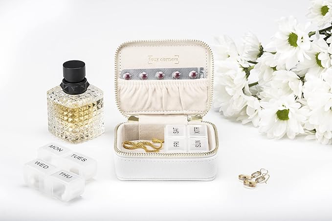 Weekly Travel Pill Organizer - Vegan Leather Pill Case with Removable 7 Day Pill Box, Travel Medicine Organizer for Medicine, Vitamin, Supplement (White)