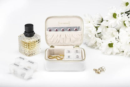 Weekly Travel Pill Organizer - Vegan Leather Pill Case with Removable 7 Day Pill Box, Travel Medicine Organizer for Medicine, Vitamin, Supplement (White)