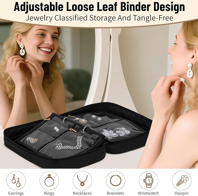 Yotako Travel Jewelry Organizer Case-Jewelry Organizer Jewelry Storage Book Binder with Clear Zipper Velvet Pouch for Travel Home Use, Jewelry Bags for Earrings, Rings, Necklace, Bracelet, Black