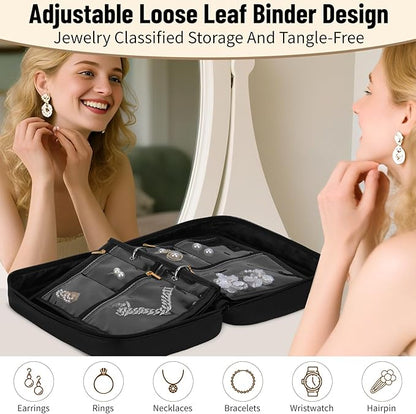 Yotako Travel Jewelry Organizer Case-Jewelry Organizer Jewelry Storage Book Binder with Clear Zipper Velvet Pouch for Travel Home Use, Jewelry Bags for Earrings, Rings, Necklace, Bracelet, Black