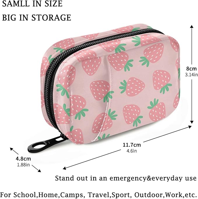 Fustylead Pink Strawberries Travel Pill Organizer Bag with Zipper Small Pill Box 7 Day Pill Case for Purse Storage Weekly Vitamin Medicine Supplement