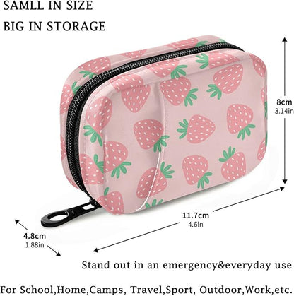 Fustylead Pink Strawberries Travel Pill Organizer Bag with Zipper Small Pill Box 7 Day Pill Case for Purse Storage Weekly Vitamin Medicine Supplement