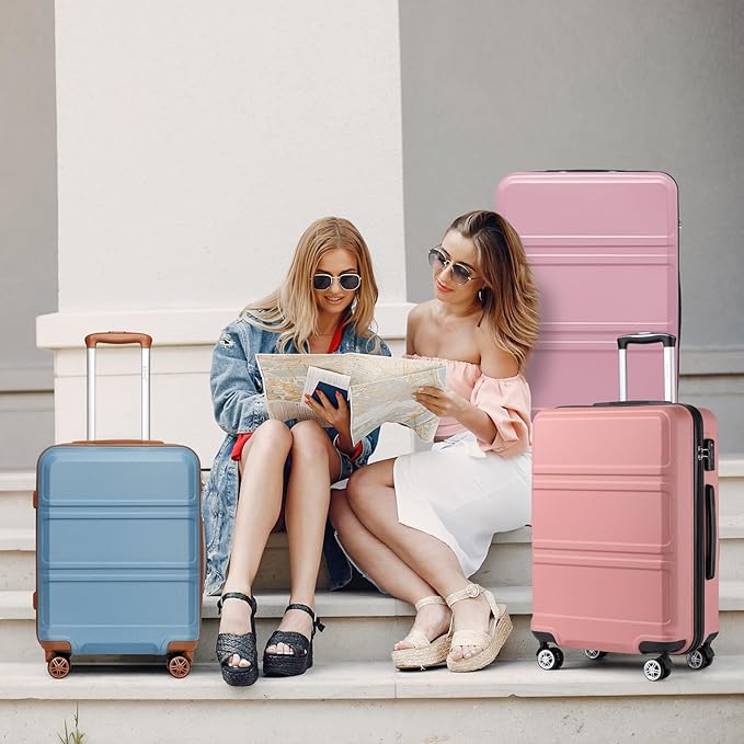 Kono 4 Piece Luggage Sets Expandable(only 28") with Spinner Wheels TSA Lock Lightweight PC+ABS Hardside Travel Rolling Suitcases 20in 24in 28in Carry on and 12in Mini Cosmetic Case Nude/Rose Pink
