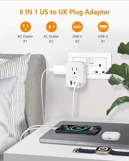 UK Travel Plug Adapter (2 Pack), Type G Plug Adapter with 30W GaN Fast Charger, 3 AC Outlets, 2 USB-C & 1 USB-A Ports, Surge Protection, Power Adapter for UK, Ireland, Singapore, Hong Kong & More