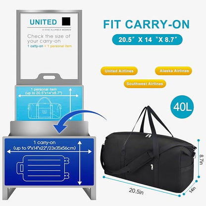 Carry on luaggage 22x14x9 Airlines Approved, Foldable Travel Duffel Bags Weekender Overnight Carry on Duffel Luggage Gym Duffle Bag with Wet Pocket & Shoe Compartment for Women Men(Black, 40L)