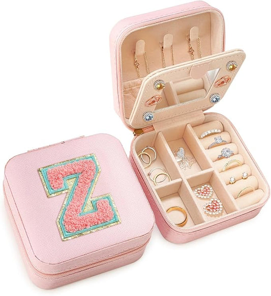 SANDJEST Personalized Jewelry Box, Pink Travel Jewelry Box with Initial Z, Small Monogrammed Jewelry Case Organizer for Girls Women Teen Kids, Mini Travel Essentials Gifts for Birthday Christmas