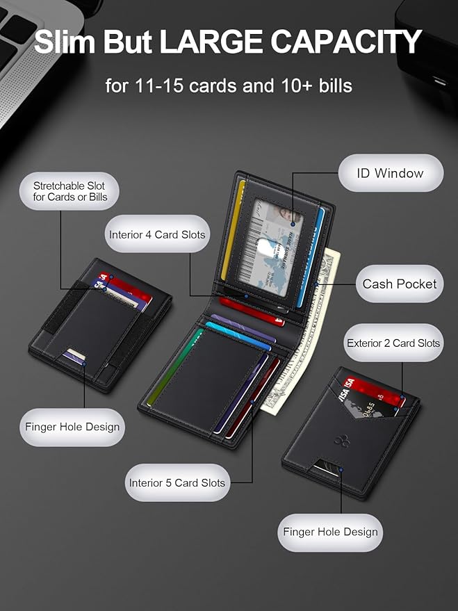 Wallet for Men Slim Leather Wallets for 13-17 Cards, RFID Blocking Thin Card Holder Wallet with ID Window & Large Capacity Cash Slot, Minimalist Bifold Small Wallet for Front Pocket, Gift for Men