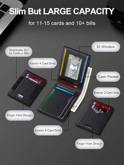 Wallet for Men Slim Leather Wallets for 13-17 Cards, RFID Blocking Thin Card Holder Wallet with ID Window & Large Capacity Cash Slot, Minimalist Bifold Small Wallet for Front Pocket, Gift for Men
