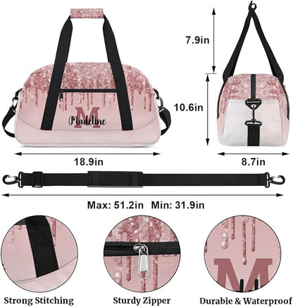 Personalized Kids Sports Duffel Bag with Name Custom Weekender Overnight Bag for Boys Girls Gym Bag Travel Dance Gymnastics Duffel Bag, Light Pink Glitter