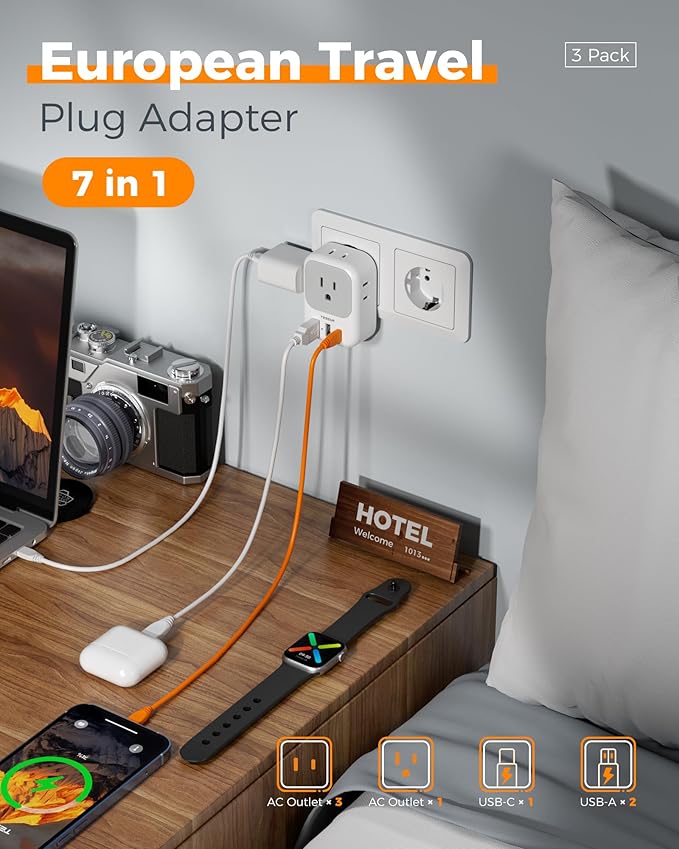 TESSAN European Travel Plug Adapter USB C 3 Pack, US to Europe Plug Adaptor with 4 AC Outlets 3 USB Charging Ports, Type C Power Adapter for USA to EU Euro Spain France Iceland Italy Germany Greece