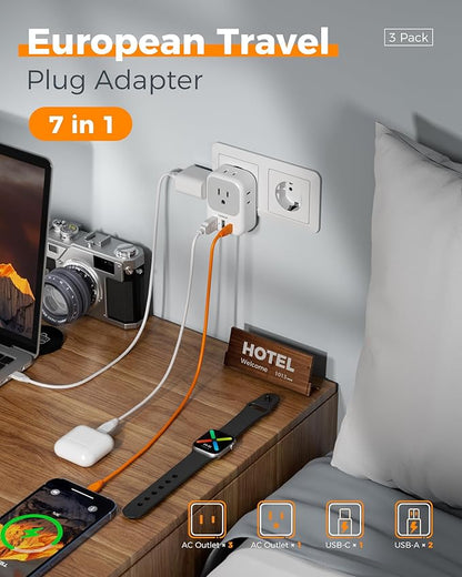 TESSAN European Travel Plug Adapter USB C 3 Pack, US to Europe Plug Adaptor with 4 AC Outlets 3 USB Charging Ports, Type C Power Adapter for USA to EU Euro Spain France Iceland Italy Germany Greece