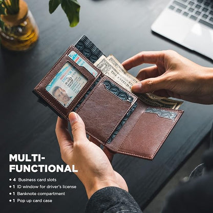 VULKIT Pop up Card Wallet Minimalist Cash Wallets RFID Blocking Leather Smart Credit Card Holder with ID window for Men (Espresso)