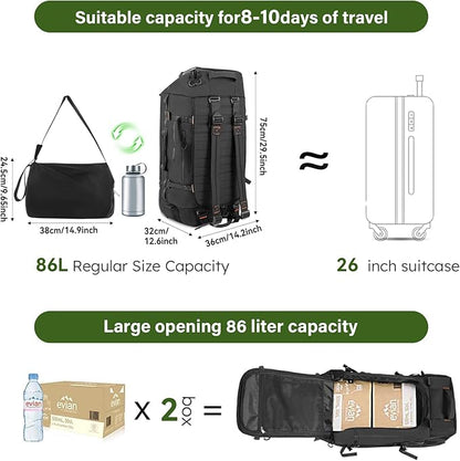 Vomgomfom 86L Collapsible Wheeled Luggage with Removable Backpack Straps,Waterproof Rolling Duffle Bag with Quilted Base,No Telescope Handle,Black