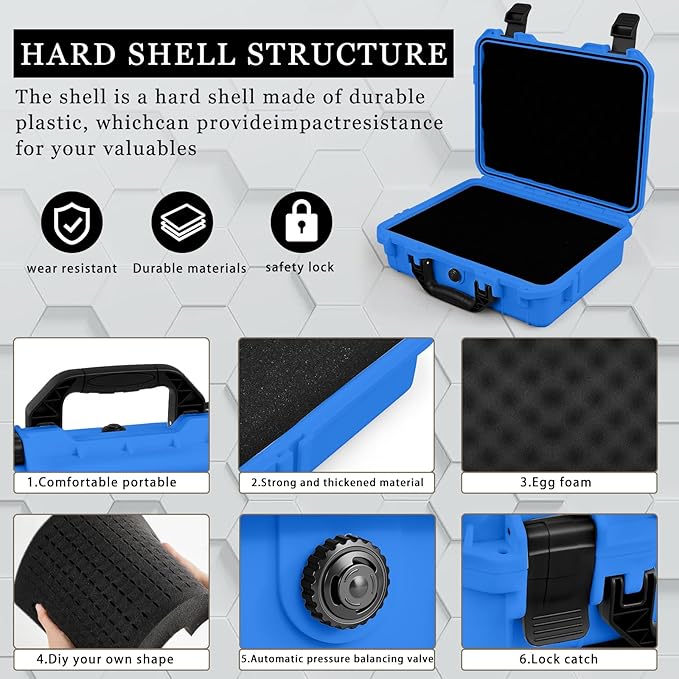 1 Pcs 11.3 x 8.7 x 4.2 Inch Waterproof Hard Case with DIY Customizable Foam Insert Portable Protective Case with Knife for Camera Drones Equipments Tools Test Instruments (Blue)