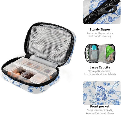 Blue and White Flower Pill Organizer Box Case Container Holder 7 Days Weekly Travel Cute Vitamin Dispenser Sorter Planner Storage Small Compact Men Women