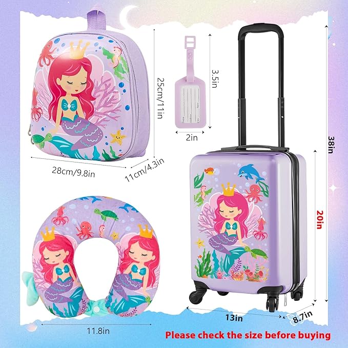 Sanwuta 4 Pcs Kids Luggage Set Backpack Travel Rolling Suitcase U-shape Pillow Christmas Children Gift for Girls Boys(20 Inch,Mermaid Style,Purple)