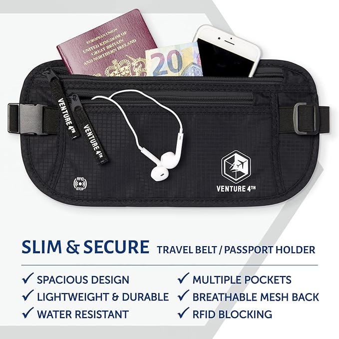VENTURE 4TH Travel Money Belt - Slim Passport Holder RFID Blocking Travel Pouch to Protect Cash, Credit Cards and Travel Documents (Pure Black)