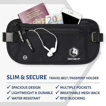 VENTURE 4TH Travel Money Belt - Slim Passport Holder RFID Blocking Travel Pouch to Protect Cash, Credit Cards and Travel Documents (Pure Black)