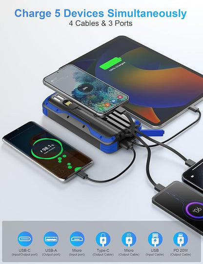 Solar Charger Power Bank, PD 20W Fast Charging External Batter, 40000mAh Portable Phone Charger Built in 4 Cables with Dual Bright Flashlights for Camping, Hiking, and Outdoor Use (Blue)
