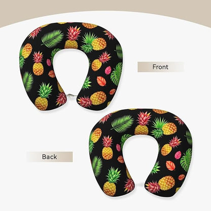 Comfortable Memory Foam Travel Neck Pillow, Funny Chin/Head Cushion Supporting Airplane Car Pillows Watercolor Pineapple Tropical Palm Leaves for Sleeping Outdoors Travel Office