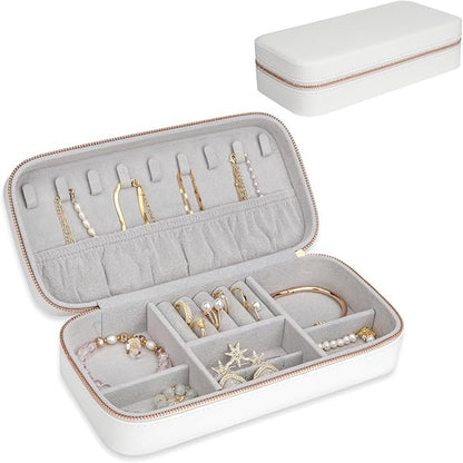 Travel Jewelry Boxes Organizer, Zippered Portable Small Travel Jewellery Boxes for Women, Earring Organizer for Rings Earrings Necklaces White