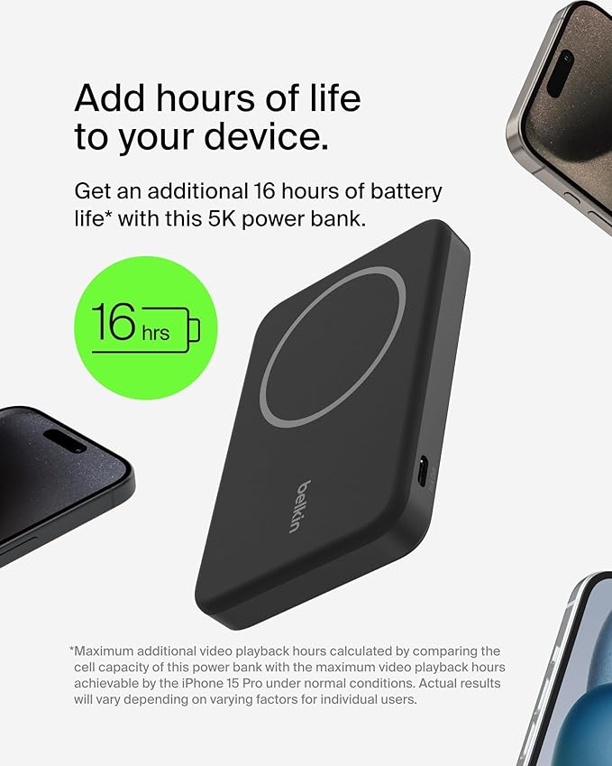 Belkin Portable Charger, Wireless Power Bank 15W 5000mAh w/ Qi2, MagSafe Charger + Built-in Pop-up Kickstand - iPhone 17, Air, Pro, Pro Max, AirPods, Apple Watch, Google Pixel 10, etc. - Black