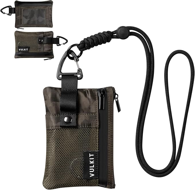 VULKIT Small RFID Wallet for Women & Men – Minimalist Zipper Wallet with ID Window, Keychain & Carabiner, Holds 15 Cards, Water Resistant Travel Lanyard Wallet Camouflage