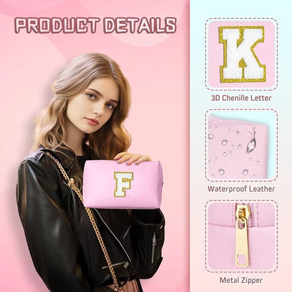 TOPEAST Initial Makeup Bags for Women, Personalized Portable Cosmetic Bag with Zipper, Cute Makeup Pouch, Bridesmaid Gifts for Wedding Day, Girl Trendy Stuff(Pink X)