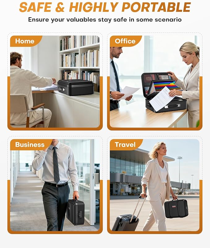 Fireproof Document Box, Hard Case Fireproof Document Organizer with Lock, Water Resistant Safe Box for Important Documents Certificates Laptop Passports, Black