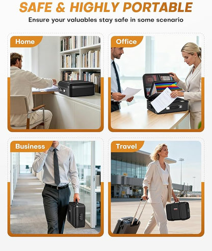 Fireproof Document Box, Hard Case Fireproof Document Organizer with Lock, Water Resistant Safe Box for Important Documents Certificates Laptop Passports, Black