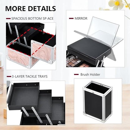 Travel Makeup Case with LED Lighted Mirror - 11.6" Portable Makeup Organizer Box, Cosmetic Train Case with Detachable Brush Holder - Fluid Pink