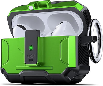 DASFOND Armor Earphone Cover Case for Airpods Pro 3, Military Grade Full Body Shockproof Protection Hard Case, Support Wireless Charging with Keychain, Magnetic Lid, Front LED Visible, Green