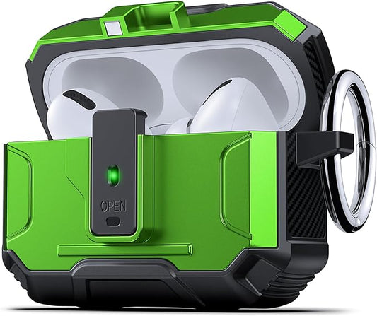 DASFOND Armor Earphone Cover Case for Airpods Pro, Military Grade Full Body Shockproof Protection Hard Case, Support Wireless Charging with Keychain, Magnetic Lid, Front LED Visible, Grass Green