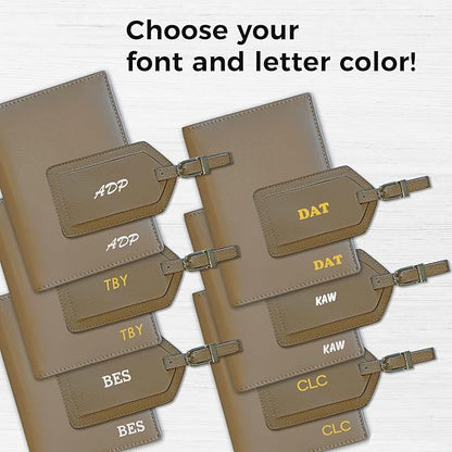 Personalized Monogrammed Taupe Leather RFID Passport Wallet and Luggage Tag