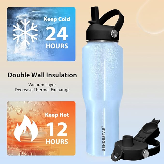 SENDESTAR 32oz Stainless Steel Water Bottle(Cold for 48 Hrs, Hot for 24 Hrs),Double Wall Vacuum Insulated Bottle with Straw Lid, Spout Lid and Flex Cap, Fit in Any Car Cup Holder,Laser Blue