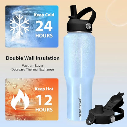 SENDESTAR 32oz Stainless Steel Water Bottle(Cold for 48 Hrs, Hot for 24 Hrs),Double Wall Vacuum Insulated Bottle with Straw Lid, Spout Lid and Flex Cap, Fit in Any Car Cup Holder,Laser Blue