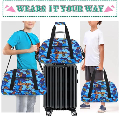 Personalized Duffel Bag for Kids Girls Boys, Cartoon Dinosaurs Custom Name Gym Bag Overnight with Padded Handles Carry On Weekend Sports Travel Bag for School Practice Gymnastics Ballet