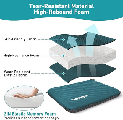 Inflatable Seat Cushion, Self Inflating Memory Foam Stadium Seat Cushion Lightweight Camping Chair Pad Airplane Cushion for Long Flights Outdoor Travel Bleacher Office Car Backpacking (Blue)