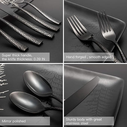 Silverware Set Black Flatware Set Hammered Cutlery Set Stainless Steel Mirror Finished Hand Forged 40 Pieces Service for 8 Home Event Use Wedding Housewarming Gift
