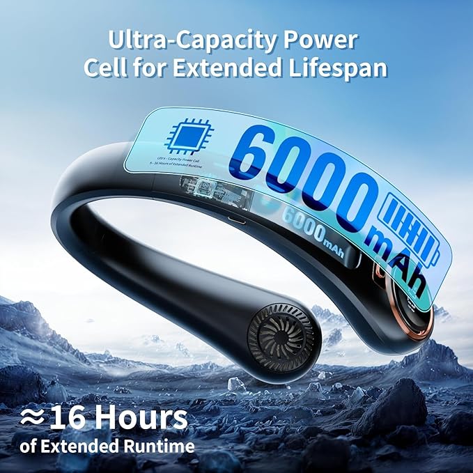 Portable Neck Fan with 6000mAh USB - Rechargeable Battery, Ultra-Light Bladeless Neck Fan LED Display, 360° Cooling Wearable Fan, 3 Speeds (Black)