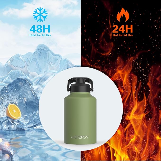 WATERSY Half Gallon Water Bottle Insulated(Cold for 48 Hrs),BPA Free&Leak Proof,64oz Stainless Steel Water Jug/Flask,Big thermo,Large Water Bottle with Handle for Gym,Hiking,Camping,Olive Green